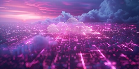 Canvas Print - Futuristic Holographic Cloud Network with Interconnected City Connections in Purple Hues