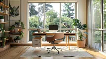 Minimalist home office with a sleek desk and ample natural light, creating a productive space