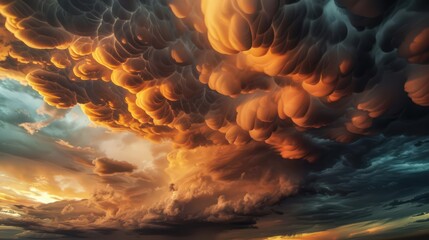 Create an aerial canvas of mammatus clouds, their pouch-like formations hanging beneath storm clouds like surreal sculptures.