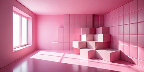 Wall Mural - Pink room with cube blocks and sunlight minimalist abstract , pink, room, cube blocks, sunlight, minimalist, abstract