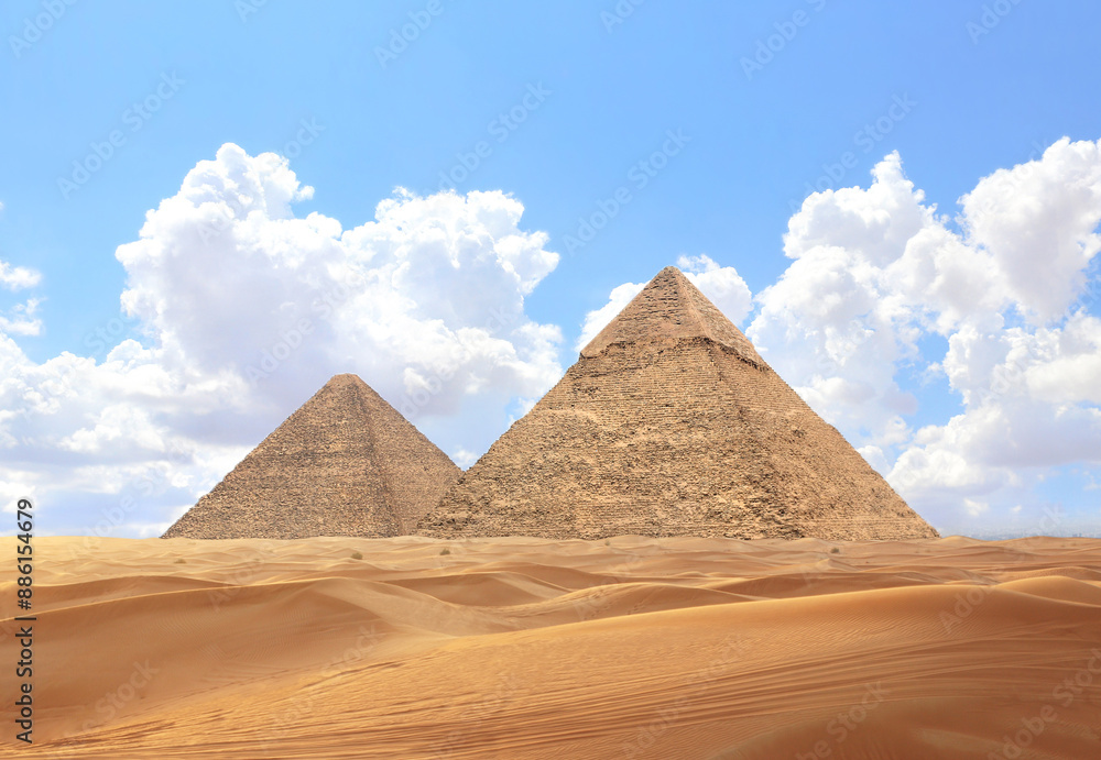 Famous Great Pyramids of Chephren and Cheops, Cairo, Egypt. Two of the ...