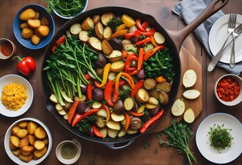 A variety of healthy vegetarian dishes including a large bowl of stir-fried vegetables with peppers, onions, and greens, a bowl of boiled potatoes, a bowl of fresh herbs, and other side dishes on a ru