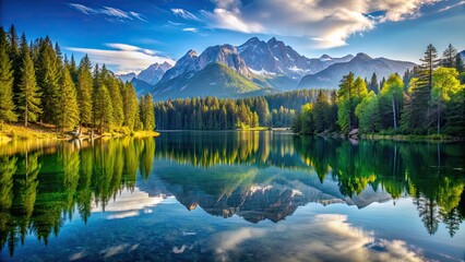 Sticker - Beautiful lake reflects surrounding trees and mountains, nature, scenery, lake, trees, reflection, mountains, beauty