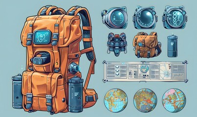 Cartoon-style backpack with futuristic gadgets and technology, including holographic maps