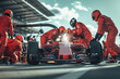 © Emanuel - One race car pit stop with crew in red jumpsuits, competition and teamwork concept