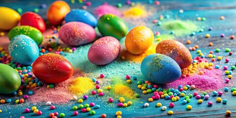 Sticker - Colorful Easter eggs with powder and confetti on a table, Easter, eggs, colorful, festive, celebration, decorations, vibrant