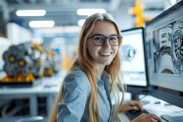 the beautiful young woman with long blonde hair and glasses is smiling and looking at the computer s