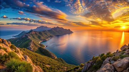 Sticker - Panoramic view of mountains and sea at sunset, mountains, sea, sunset, panoramic, landscape, nature, beauty, horizon, clouds