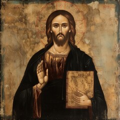 an icon of Jesus Christ Pantocrator depicted in traditional Byzantine style with a golden halo holding a book and blessing with his right hand capturing a sense of authority and compassion