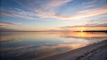 Sticker - Tranquil beach at sunset with pastel skies reflecting on calm water, beach, sunset, pastel, skies, water, tranquil, serene