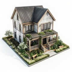 3D Render of a coastal modern farmhouse with weathered wood siding, on isolated white background, Generative AI