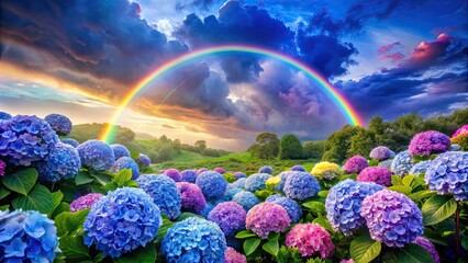 Sticker - Vibrant rainbow in the sky above a beautiful garden of blue and purple hydrangea flowers, rainbow, sky, garden, flowers, blue