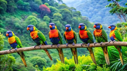 Poster - Colorful parrots perched on branch in lush rainforest setting, parrots, branch, rainforest, colorful, exotic, wildlife