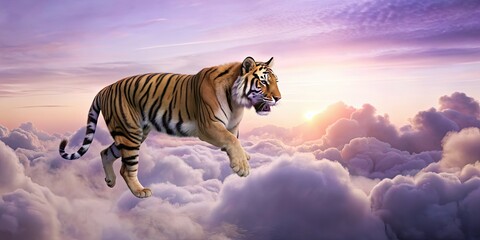 Wall Mural - Tiger soaring majestically through the clouds, wildlife, predator, big cat, sky, clouds, majestic, powerful, strength, freedom