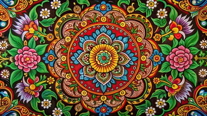 Sticker - Vibrant Thai art painting with swirling floral patterns and decorative details, Thai art, painting, swirling