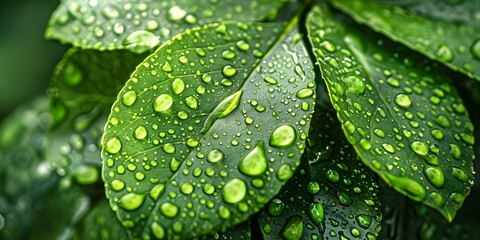 Sticker - Closeup of Green Leaf with Vibrant Water Droplets Showcasing the Beauty of Nature and Sustainability