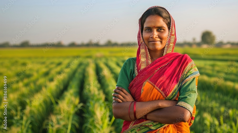 Indian Woman Farmer with Red Scarf Standing Confidently in Green ...