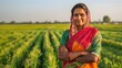 © movinglines.studio - Indian Woman Farmer with Red Scarf Standing Confidently in Green Agricultural Field