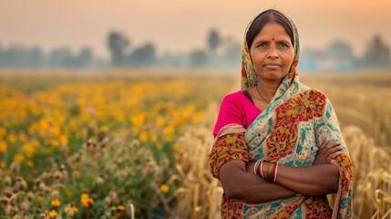 Confident Indian Woman Farmer in Traditional Attire Standing in Blooming Field