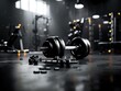 © happysunstock - Illuminating Strength - Inspiring Gym Setup with Dumbbells, Resistance Bands, and Treadmill under Dramatic Lighting, Generative Ai