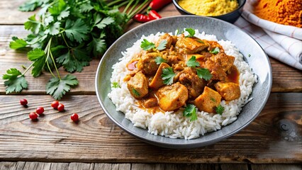 Canvas Print - Delicious chicken curry with rice served on a plate on a wooden table, chicken curry, rice, spicy, Indian cuisine, food, dish