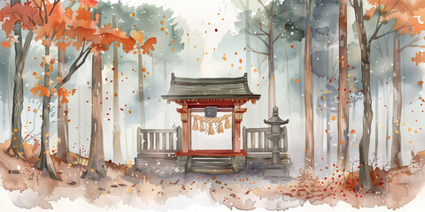 Wall Mural - Watercolor Misty Forest Landscape Art: Shinto Shrine and Autumn Foliage