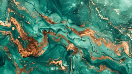 Wall Mural - Vibrant marble ink abstract art in emerald green and copper, intricate swirls, simple and colorful on premium paper texture