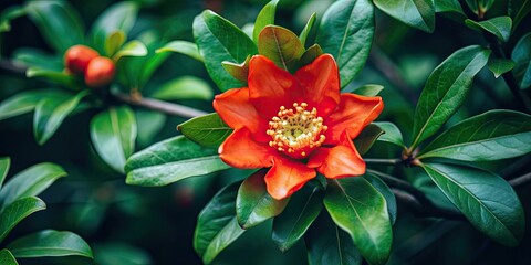 Poster - Close-up of a vibrant pomegranate tree flower in full bloom, Pomegranate, tree, flower, bloom, vibrant, close-up, nature, plant