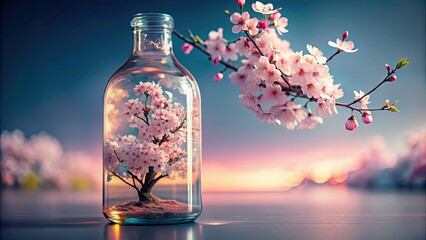 Sticker - Cherry blossoms in a beautiful landscape inside a glass bottle, cherry blossoms, pink flowers, springtime, picturesque