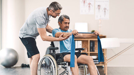 Canvas Print - Resistance band, physiotherapy and man with patient in wheelchair for wellness, medical service and consulting. Healthcare, stretching and physical therapist with person with disability for recovery