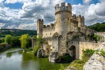 Historic Castle with Towering Walls and a Moat