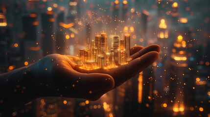 Sticker - Hand holding a miniature illuminated futuristic cityscape at night..