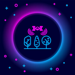 Sticker - Glowing neon line Smart farm with drone control and tree icon isolated on black background. Innovation technology for agricultural company. Colorful outline concept. Vector