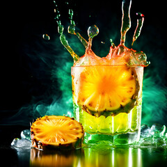 Wall Mural - Tropical Paradise: A Refreshing Pineapple Slice Falls into a Glass of Chilled Juice