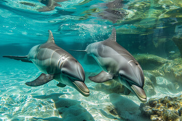 Wall Mural - Two dolphins swimming in the ocean