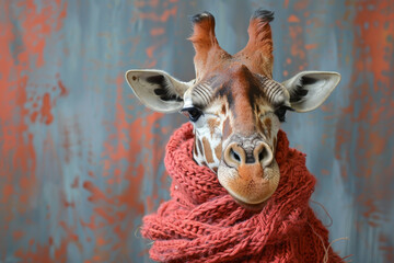 Wall Mural - A giraffe is wearing a red scarf