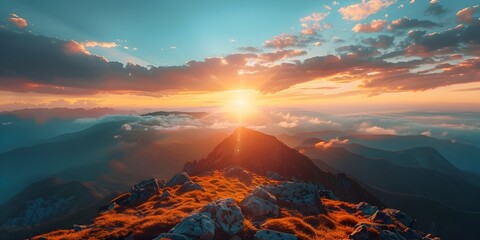 Sticker - Captivating Sunrise over Majestic Mountain Landscape Embracing the Energy of New Beginnings