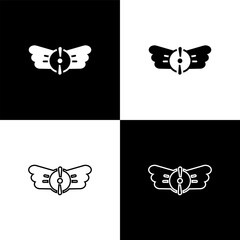 Wall Mural - Set Aviation emblem icon isolated on black and white background. Military and civil aviation icons. Flying emblem, eagle bird wing and winged frame. Vector