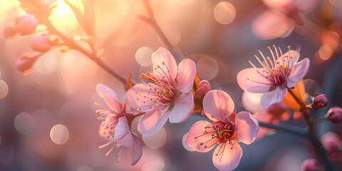 Poster - Delicate Pink Cherry Blossoms Embracing the Energy of New Beginnings with Ample Copy Space