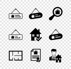 Poster - Set Hanging sign with Open house, For Sale, Search, House plan, contract, Realtor, and check mark icon. Vector