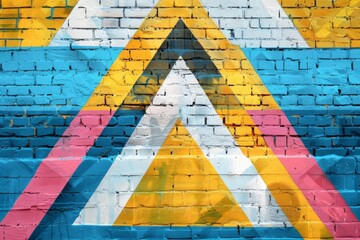 Wall Mural - The abstract detail of a brick wall with a piece of colorful graffiti. Urban art, close-up, for background use.