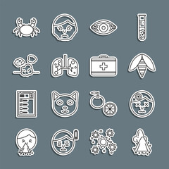 Sticker - Set line Runny nose, Man having headache, Bee, Reddish eye allergic conjunctivitis, Lungs, Dust, Crab and First aid kit icon. Vector