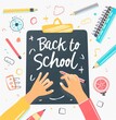 © artist - Cartoon-style vector illustration of a hand writing on a blackboard, surrounded by vibrant school icons.