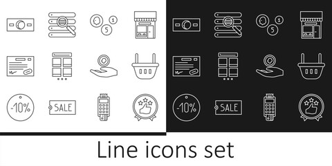 Sticker - Set line Consumer or customer product rating, Shopping basket, Coin money, Online shopping mobile, Warranty certificate template, Paper cash, Hand holding coin and Search browser window icon. Vector