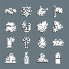 Sticker - Set line Burrito, Taco with tortilla, Nachos, Hot chili pepper pod, Cactus, Hola, Wrestling championship belt and Avocado fruit icon. Vector