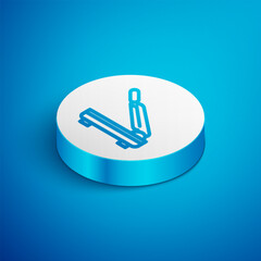 Wall Mural - Isometric line Paper cutter icon isolated on blue background. White circle button. Vector