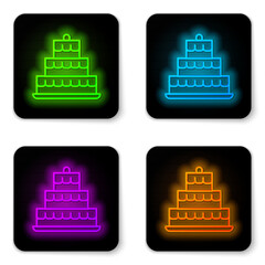 Sticker - Glowing neon line Cake with burning candles icon isolated on white background. Happy Birthday. Black square button. Vector