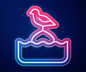 Sticker - Glowing neon line Seagull sits on a buoy in the sea icon isolated on blue background. Vector