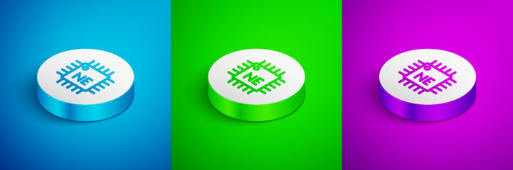 Sticker - Isometric line Computer processor with microcircuits CPU icon isolated on blue, green and purple background. Chip or cpu with circuit board. Micro processor. White circle button. Vector