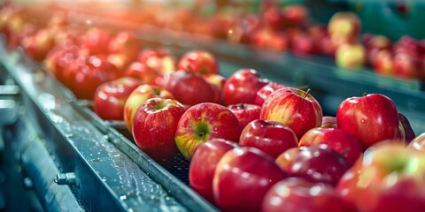 Wall Mural - Automated Machine Cleaning Apples at Food Factory Industrial Facility. Concept Food Safety, Industrial Automation, Fruit Processing, Cleaning Technology, Manufacturing Efficiency